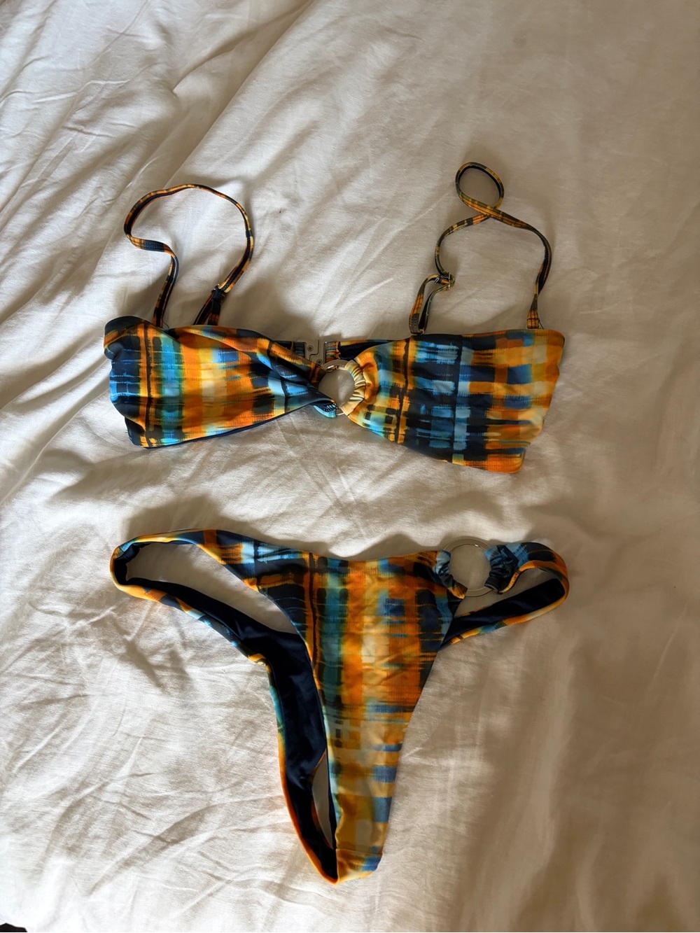 Glassons Blue and Orange Patterned Bandeau Bikini with Ring- READ SIZES